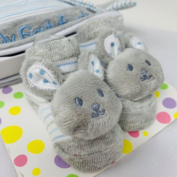 Little Me My First Easter Bunny Ear Beanie & Rattle Socks Set Blue Grey - Picture 2 of 4